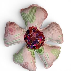 Handmade Quilted Flower Pillow Button Center Reversible Floral Wall Hanging 16in